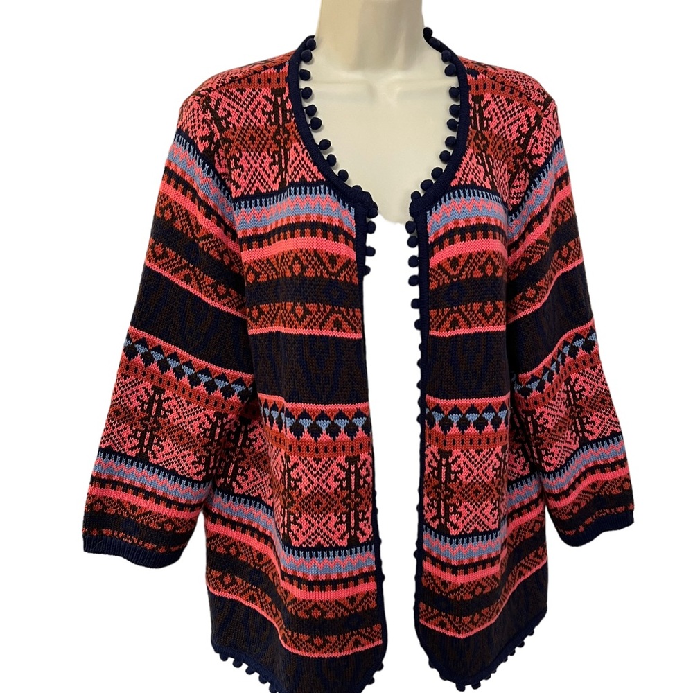 Together Women’s Bohemian VTG Knit Open Cardigan Striped Pom Pom Sweater
